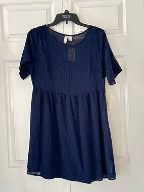Navy Textured Swiss Dot Short Length Dress - Size L